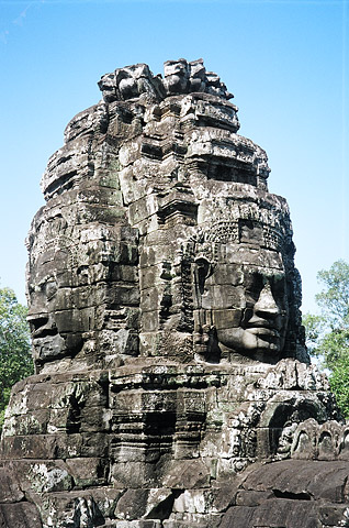 The Bayon Temple, part of the Angkor Thom complex, features 200 giant, smiling faces of Avalokiteshvara.