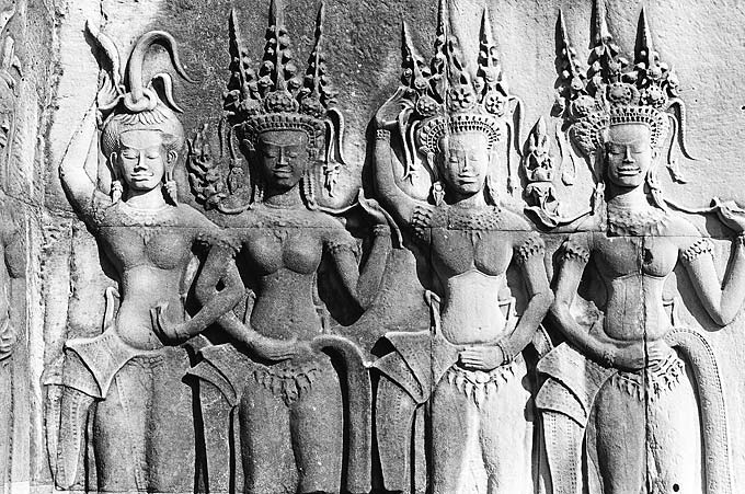 A group of apsaras, or celestial dancers, at Angkor Wat. More than 1,850 heavenly, bare-chested women adorn the grand temple.
