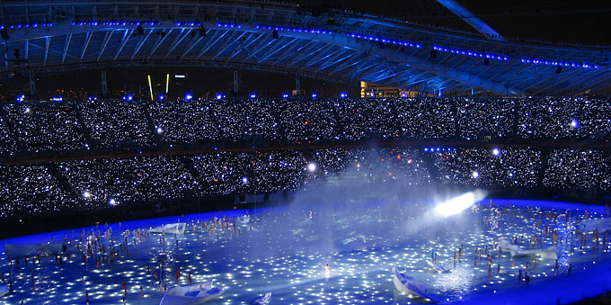 Dramatic lighting, fantastical floats depicting scenes from Greek mythology, and fireworks marked the opening ceremony.  
