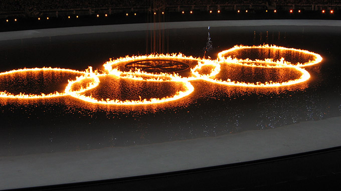 The five Olympic rings in the middle of an artificial lake were set ablaze by a comet during the opening ceremony.