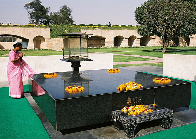 A black marble slab marks the cremation site of India's most cherished leader, Mohandas Gandhi, assassinated in 1948.