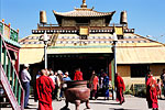 Monks congregate outside a Buddhist temple in the capital.