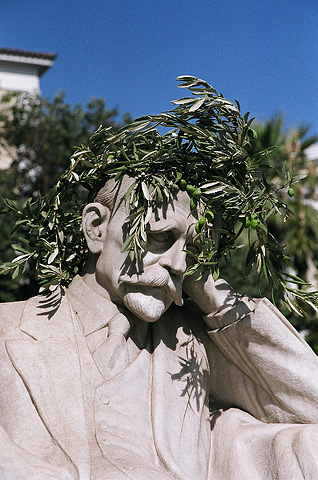 A marble statue of Greek poet Kostis Palamas, who wrote the words of the Greek national athem. All medal winners at the Games were crowned with olive wreaths.