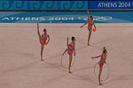 Members of the Greek rhythmic gymnastics team performing their routine.