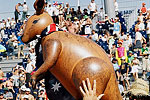 An Australian spectator - with prop - at the beach volleyball. 