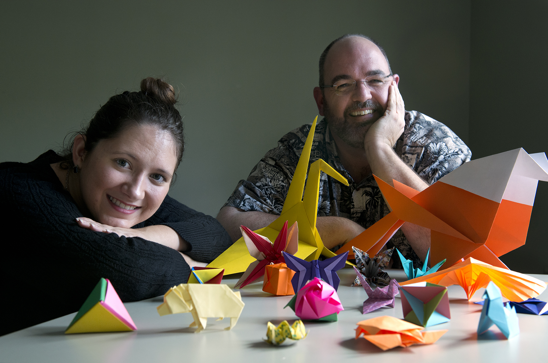 Elon senior Lainey McQuain poses with her research mentor, associate professor of mathematics Alan Russell. The pair is researching using origami to teach students better writing methods.