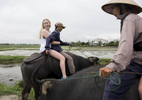While exploring the outskirts of Hoi An, Vietnam, Elon students ride water buffalo through a rice paddy and bike through the countryside.