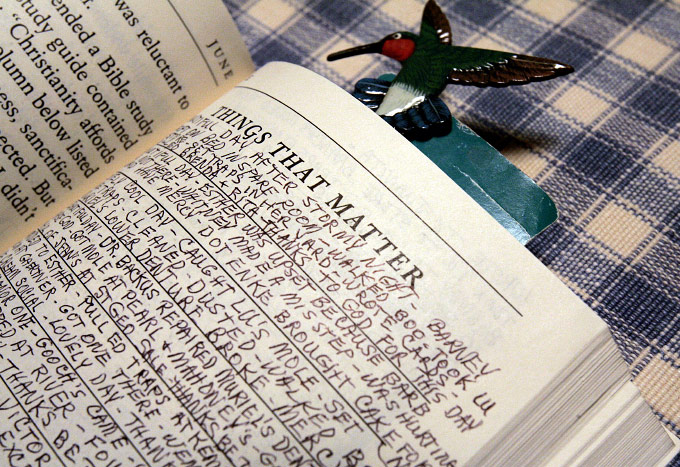 Each night before going to bed Ann reads {quote}Daily Guideposts,{quote} a non-denominational inspirational publication, and writes her daily observations in all capital letters. She almost always ends her notes with a thank-you to God.