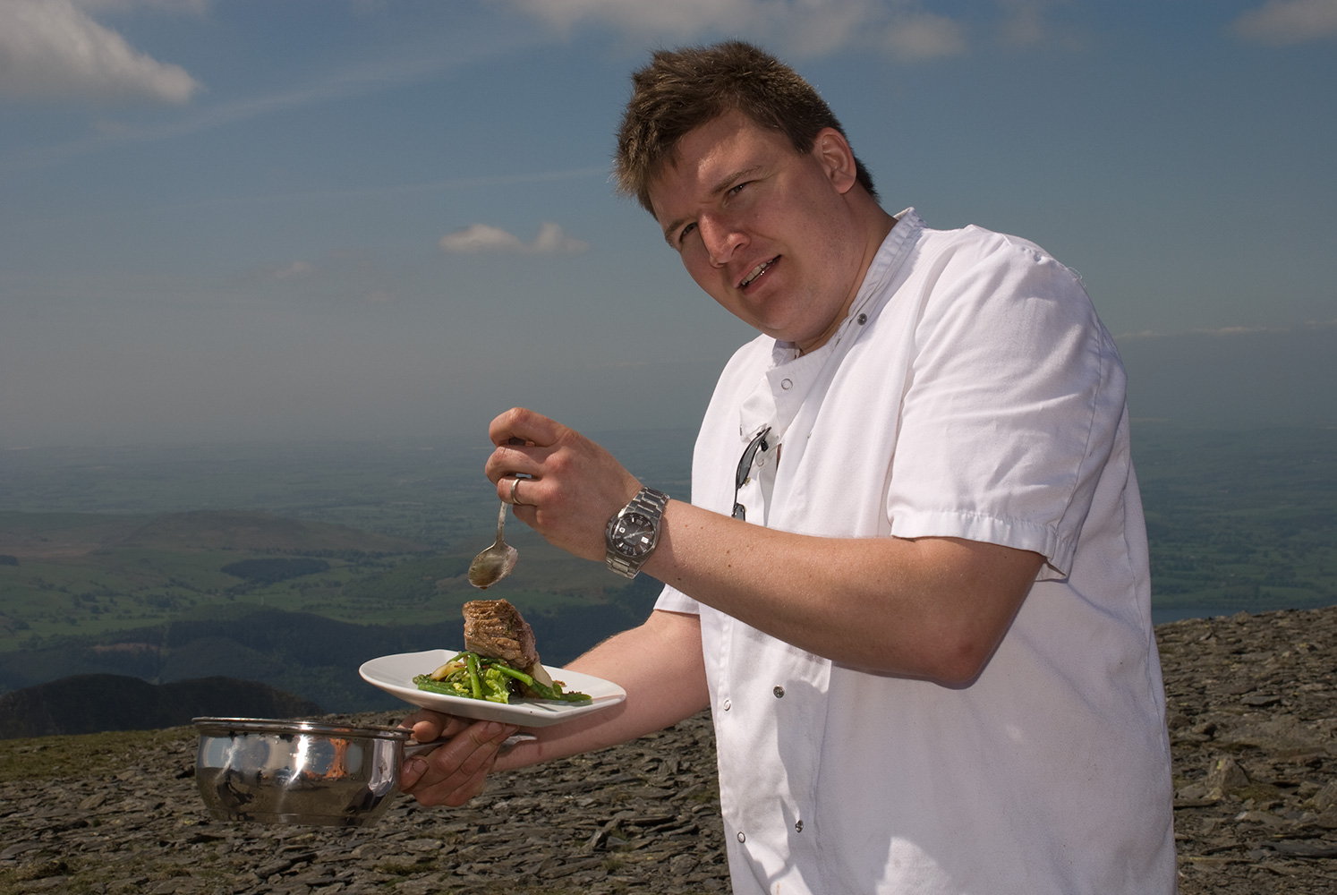 As part of the opening celebrations for Keswick Mountain Festival in 2008, celebrity chef Peter Sidwell of Simply Good Taste served a five course dinner on the summit of Skiddaw. Fortunately the weather was kind!