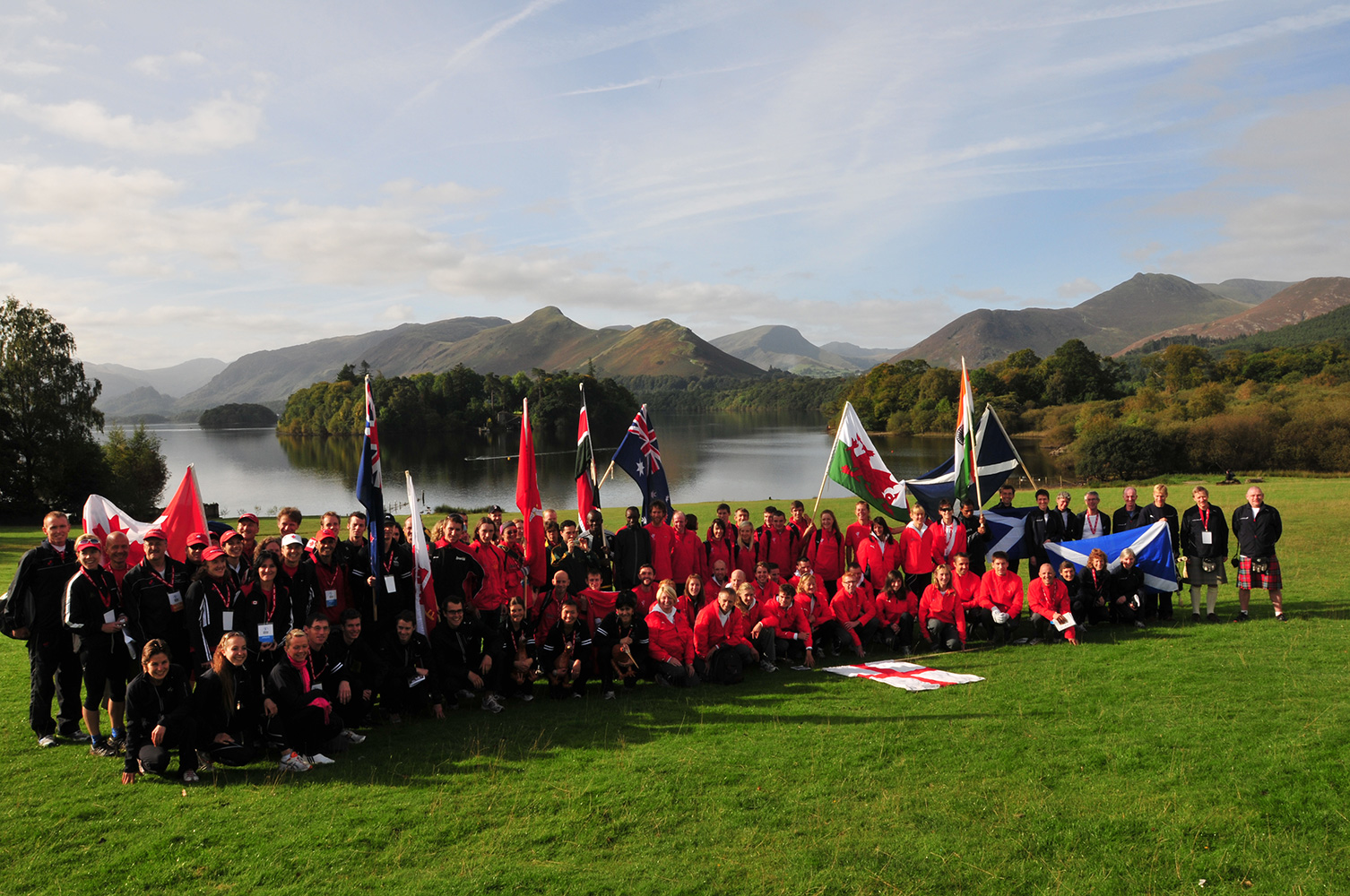Keswick, Cumbria, September 2009Athletes assembled in Bitts Park with Derwentwater etc beyond, after the opening ceremony.