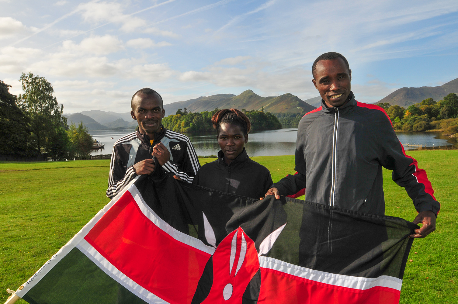 Keswick, Cumbria, September 2009Team Kenya! Pamela Bundotich, Wilson Chemweno & manager in Bitts Park after the opening ceremony in the Theatre by the Lake