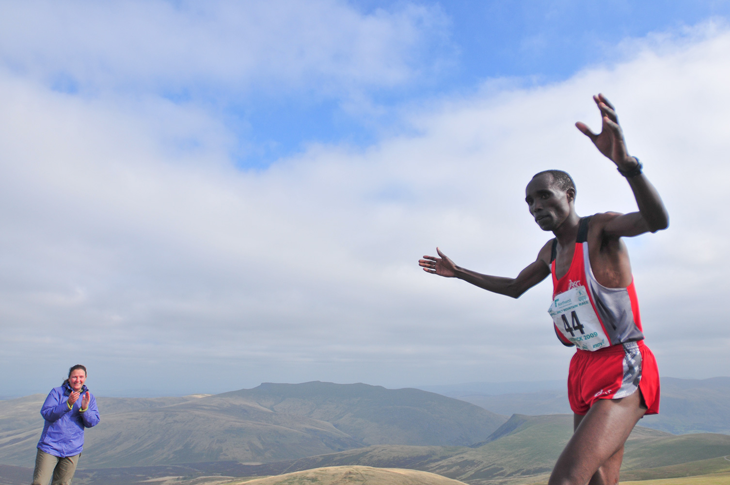 Keswick, Cumbria, September 2009Wilson Chemweno of Kenya crossing the line to win a gold medal in the Men's Up-hill Race on the summit of Skiddaw