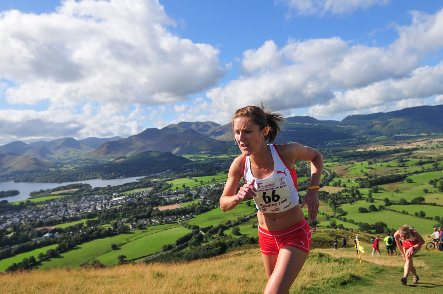 Keswick, Cumbria, September 2009.Sarah Tunstall leads the  Womens' Fell Race on Latrigg, chased by the eventual winner, Katie Ingram