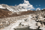 As winter approaches, the upper reaches of this river begin to freeze over. The terminal moraine of the Lhotse Nup glacier is beyond, with the south face of Lhotse towering above.Nikon D300, 17-35mm. November 2008