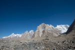 A view of the peaks lining the northern flanks of the glacier from near Urdokas. Paiju Peak, the Trango Towers, Cathedral Spires and Biale