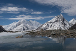 Chogolisa (summit in cloud), the confluence of the Vigne and Baltoro glaciers and Mtre Peak, from the way to Braod Peak base camp