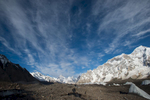 A view up the glacier from Shokspong (Goro 1) with Gasherbrum IV straight ahead and Biarchedi (6781m) on the far right