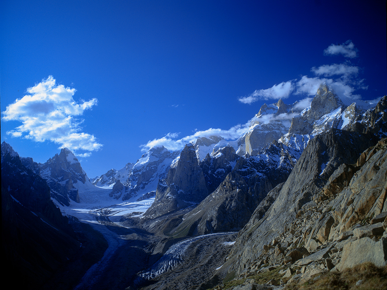 Seen from a small summit above Baintha camp, with the Uzun Brakk glacier below