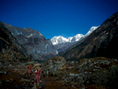 Porters approaching the high camp below the Shipton Pass on their way out from Makalu. Chamlang, Makalu and the Barun Valley beyondBronica ETRSi, 50mm, Fuji Velvia