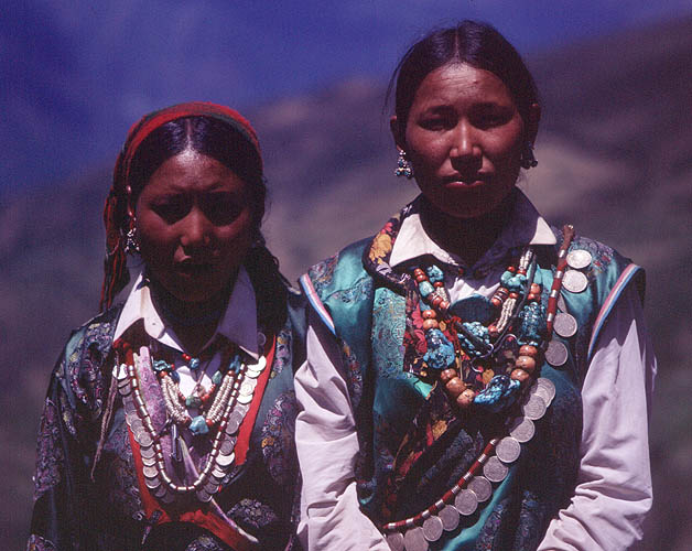 Sporting their finest jewelry, two Nyinba girls on the hike up to Raling Gompah for the Jeth Purna festival.Bronica ETRS, 75mm, Fuji Velvia