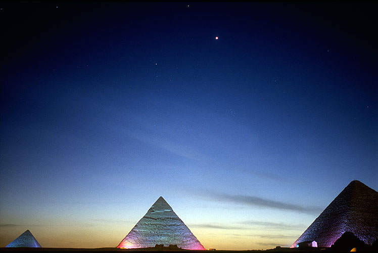 The pyramids at Giza at duskNikon F5, 17-35mm, Fuji Velvia 100