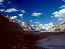 A view to the Cathdral Spires and the snout of the Baltoro glacier.