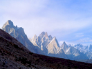 A view to the Cathedral Spires and the snout of the Baltoro glacier.