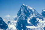 Seen from Gokyo Ri in April 1984. It was first climbed via the southwest ridge on April 22, 1982 by Vern Clevenger, Galen Rowell, John Roskelley, Bill O'Connor and Peter Hackett.Canon A1, 135mm, Kodachrome
