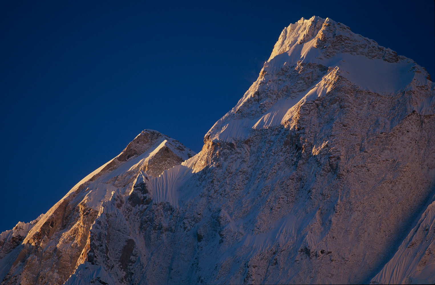 The summit. Telephoto at dawn, from Pethang Ringmo on the Kangshung glacierNikon F5, 180mm, Fuji Velvia 100