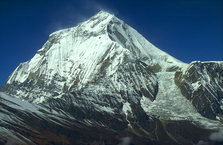 The spectacular east face and ice-fall, seen from Thulobugin Pass (4300m).Nikon FM2, 105mm, Fuji Velvia