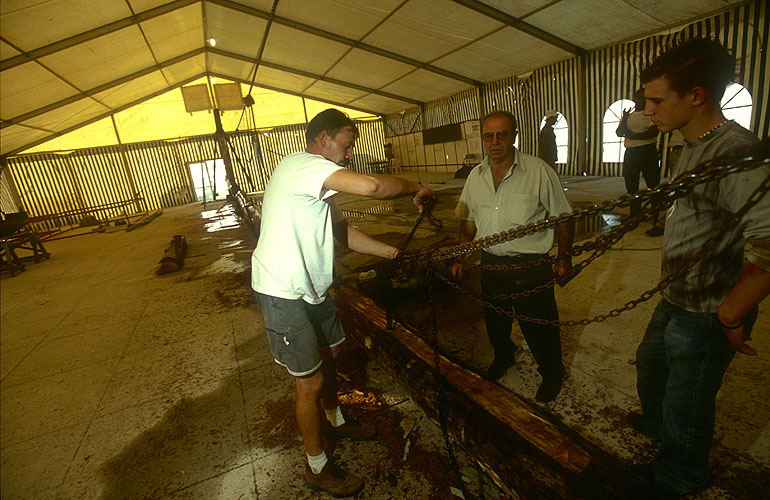 Using pulleys and chains to bend the soaked timbers of the ships keel into shape.Pagasae, Nr Volos, GreeceNikon F5, 17-35mm, Fuji Velvia 100