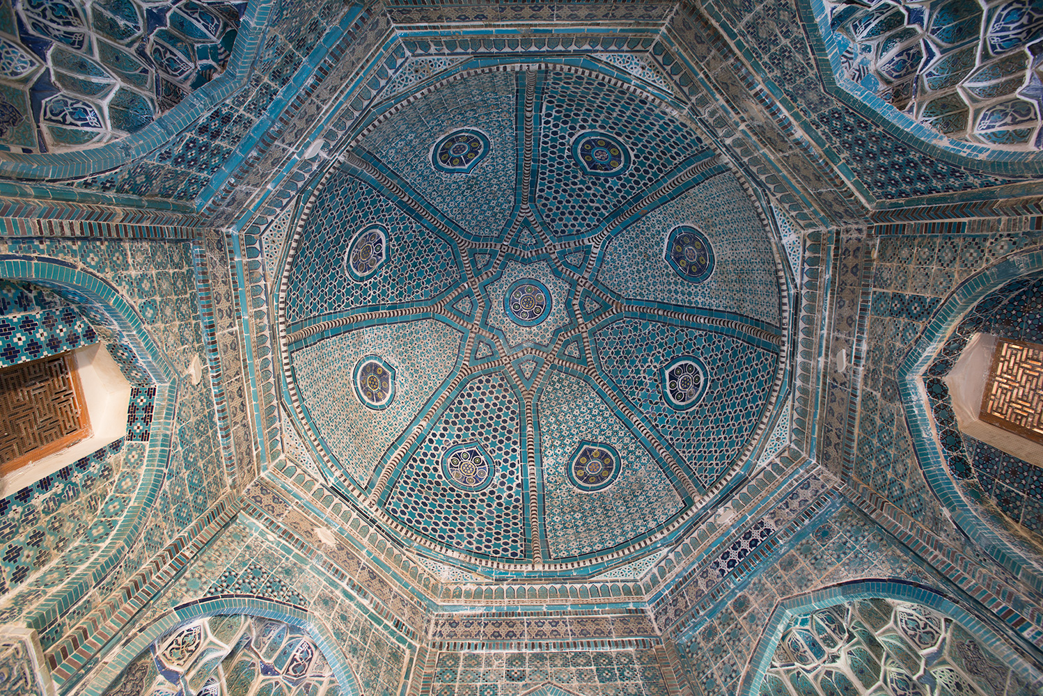 The interior of the mausoleum of Emir Timur's sister Shirin Beku Oka, 1385.The tilework is original.