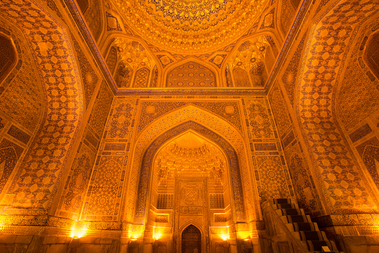 The interior at night. The amount of gold leaf is breathtaking, and gives the Madrassah its name, which means guilded