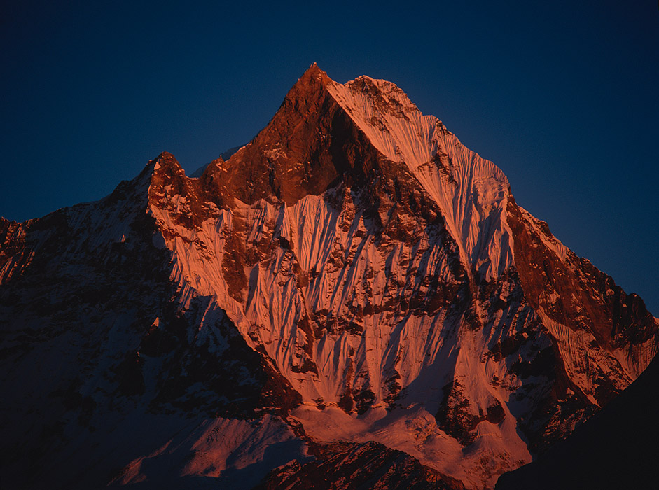 Telephoto of the summit at sunset, from the Annapurna SanctuaryProject VeronicaMedium format images re-scanned in a professional glass film- holder with my Nikon Coolscan 9000 and Silverfast 8 software. These images display larger on the site - enjoy!Bronica ETRSi, 150mm, Fuji Velvia