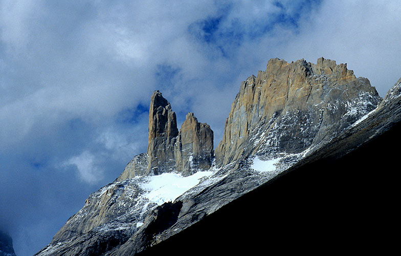 On of a series of spectacular rock-towers that line the eastern side of the Valle Frances, effectively forming the northern extension of the famous Cuernos del Paine group.Nikon FM2, 105mm, Fuji Velvia