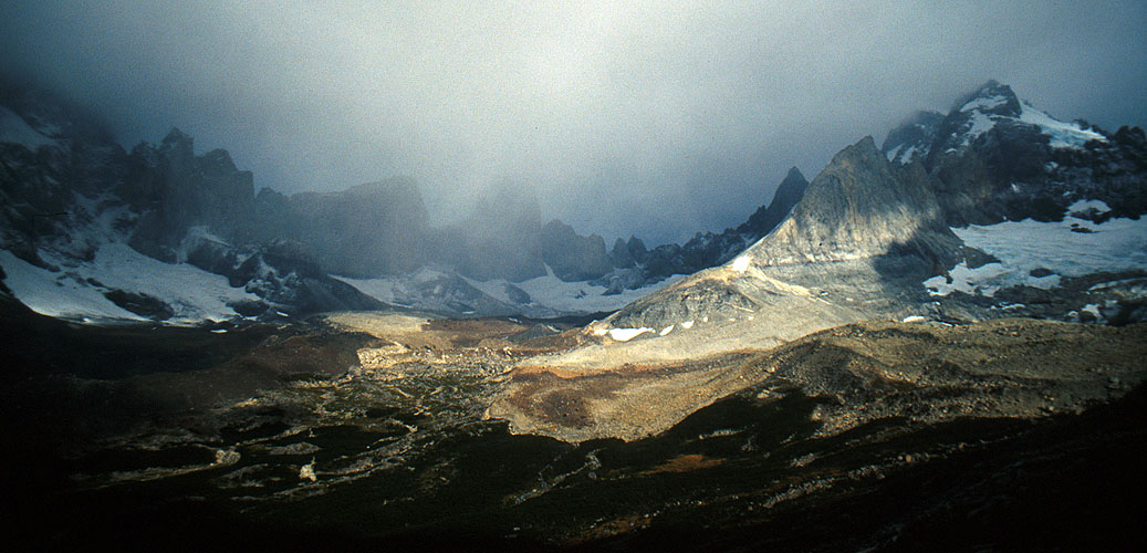 Storm clouds boiling up in the cirque of spectacular peaks at the head of the Valle Frances.Nikon FM2, 24mm, Fuji Velvia