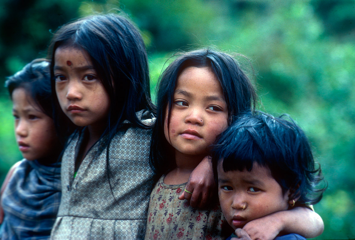 Children at the village of Khesewa, two days into the southern approach to Kangchendzonga from the airstrip at Taplejung.Cannon A1, 50mm, Kodachrome 64