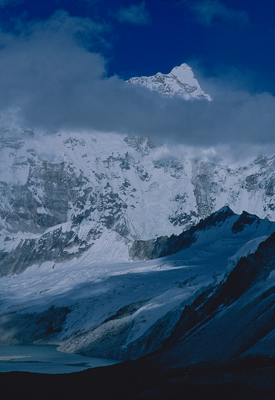 The southern flanks of the world's highest unclimbed peak, seen from a spur above the Nephu La in BhutanNikon FM2, 135mm, Fuji Velvia