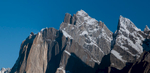 A stitch of two telephotos taken from Goro. Centre and left in the foreground are the upper ramparts of Cahedral (5607m), and on the right is the first Lobsang Spire (5428m). Towering above are the summits of Great Trango (6286m) and Trango Tower (6289m) and finally in the centre, towering above them all is Kruksum (6617m). This image was captured using a ten year old 12 mega pixel Nikon D300 and a 180mm f2.8 Nikkor prime lens. On a tripod of course. Pixel counts and the latest gear are no substitute for clear air quality glass and gorgeous light in the mountains! This is one of my favourite pictures from this trip. Incredible mountains!