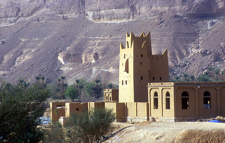 A typical fortified Yemeni house, built of mud bricks, in the HadramawtNikon F5, 180mm, Fuji Velvia 100