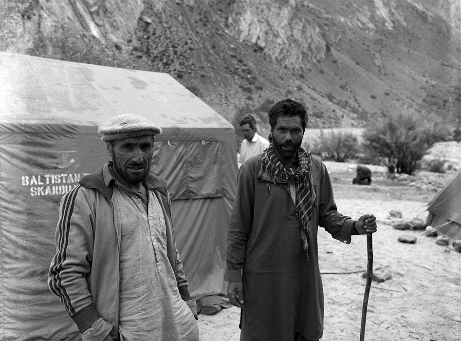 Abdullah Javed (R) and friend on the Gondokoro glacier during an expedition to Gondoro PeakBronica ETRSi, 70mm, Ilford FP4