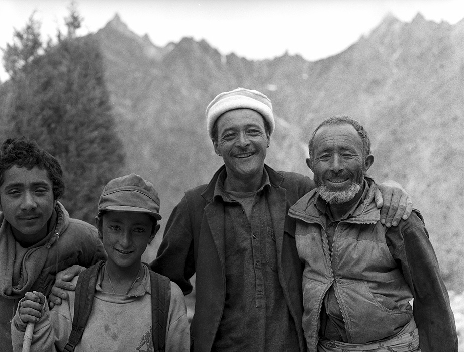 Balti porters & cook from Hushe on the Gondokoro glacier during an expedition to Gondoro PeakBronica ETRSi, 70mm, Ilford FP4