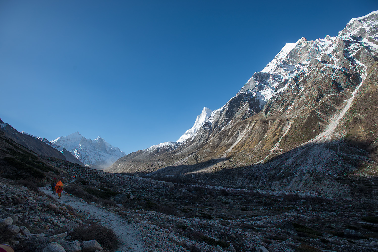 On the trail up to Gaumukh from Bhojbas in the Bhagirathi valley. Early in the morning. Ahead are the Bhagirathi peaks, and Shivling is just appearing to the south.