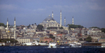 From a ferry on the Bosphorus, the Blue Mosque (Sultan Ahmed Mosque) dominates the skyline of the fabulous city of Istanbul. Completed in 1616, the historical context can be set by remembering that the nearby Hagia Sophia was already almost a thousand years old at that time!Nikon F5, Fuji Velvia, 17 - 35mm