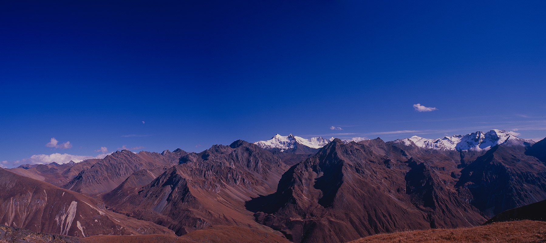 Taken from about 5100m on a ridge above the camp of Jangothang, this is a stitch of three images, looking north and east.Bronica ETRSi, 50mm, Fuji Velvia