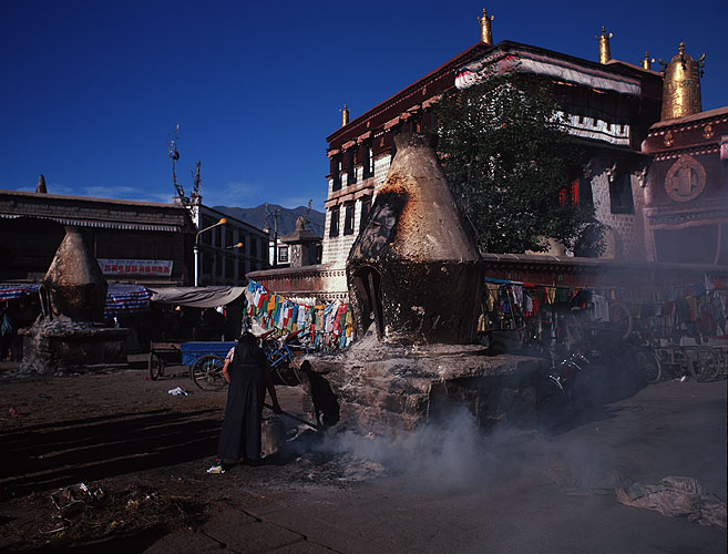 One of two giant juniper hearths in front of the holiest temple in LhasaBronica ETRSi, 50mm, Fuji Velvia
