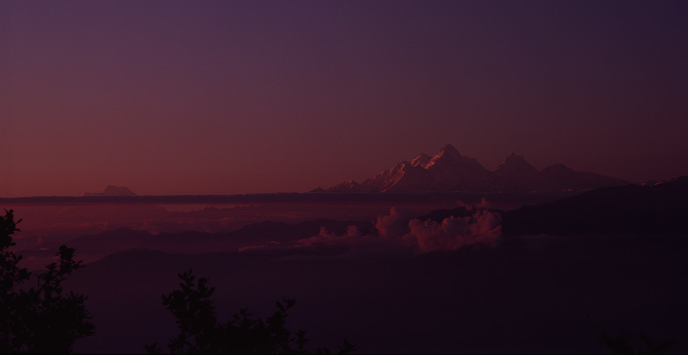 A sunset view west from Kakania, which is on the rim of the Kathmandu valley. Manaslu and its satellite peaks are to the right, whilst to the left, further away to the west, are the AnnapurnasProject VeronicaMedium format images re-scanned in a professional glass film- holder with my Nikon Coolscan 9000 and Silverfast 8 software. These images display larger on the site - enjoy!Bronica ETRSi, 50mm, Fuji Velvia