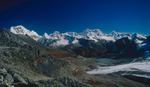 A view east fron the pass - on the left is Jejekangphu Kang, in the centre is Teri KangBronica ETRSi, 50mm, Fuji Velvia