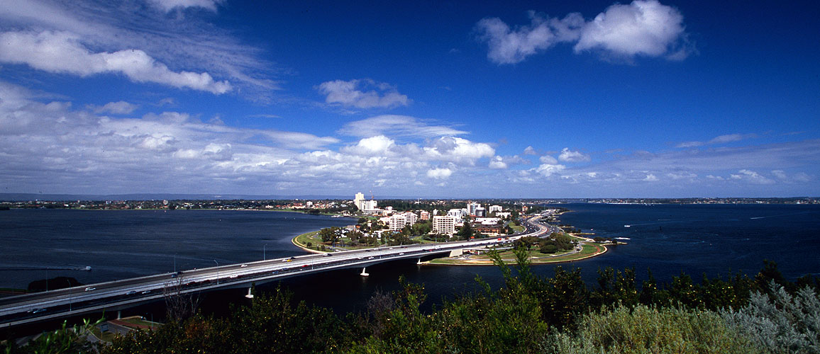 South Perth and the freeway into the city over the Swan River, from King's ParkNikon F5, 17-35mm, Fuji Velvia