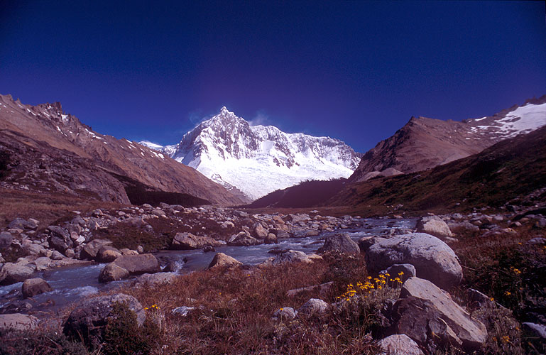 North of Puesto San Lorenzo, the headwaters of the Rio Lacteo rise in this idyllic valley beneath the awesome north-east face of the peak.Nikon FM2, 24mm, Fuji Velvia